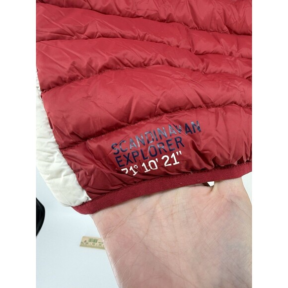 Scandinavian Explorer mens M packable Jacket Full Zip Puffer Red blue white down - Picture 11 of 15